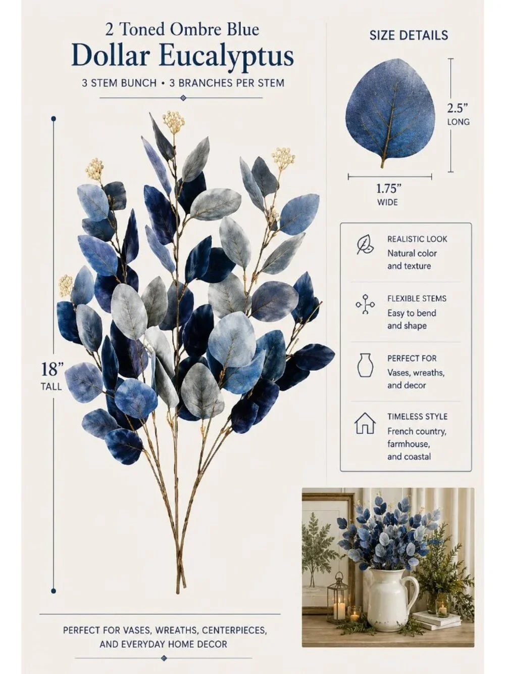 Blue Ombre Dollar Eucalyptus Stems, Faux Eucalyptus Branches, Artificial Greener